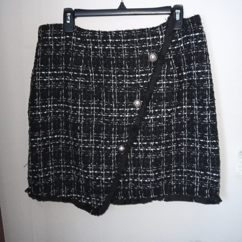 Tweed Black & White Faux Wrap Skirt W/ Fringe Sz Xl Nwot /B17